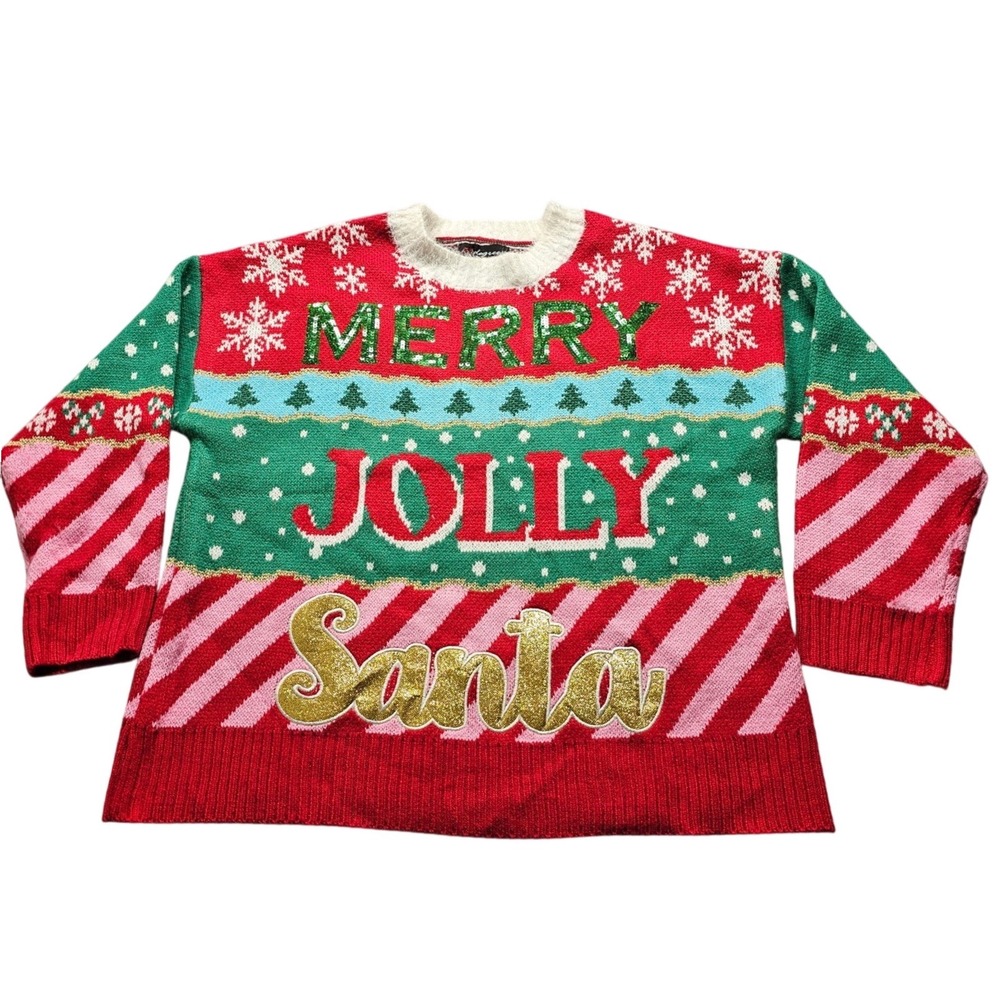 33 Degrees Merry Jolly Santa Sweater Womens Medium Red Green Christmas Holiday